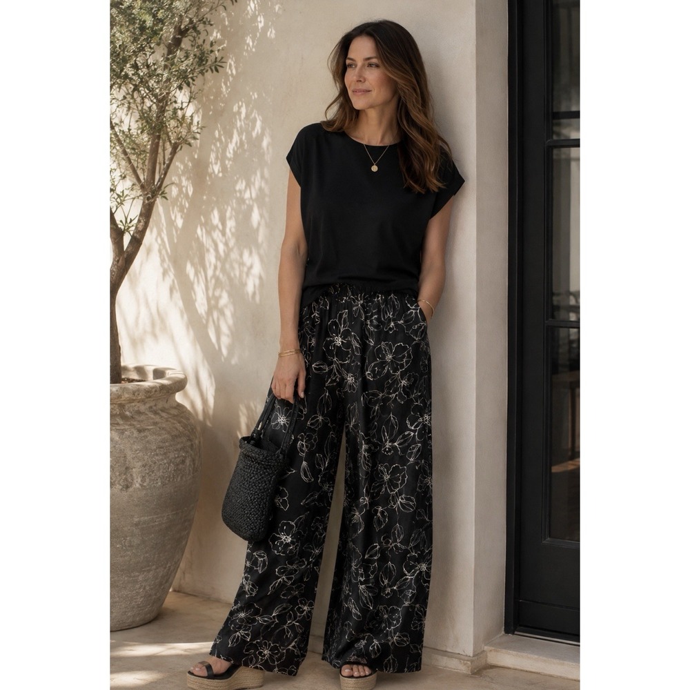 Josephine Chaus 100% Silk Wide Leg Pant Black White Floral Sz 16